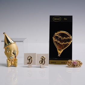 5pc Gold Tone Brooch & Pin Lot incl. Monet & Pierrot
