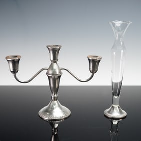 2pc Duchin Sterling Silver Weighted Candelabra and Crystal Etched Vase