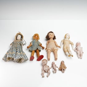 8pc Dolls in Bisque, Wood, and Composition