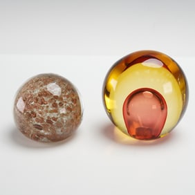 2pc Murano Italian Gold Glass Orb plus Sommerso Bubble Paperweights