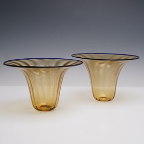 Pair of Blown Glass Lampshades with Blue Rim