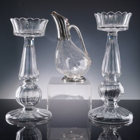 3pc Clear Glass and Silver Accent Set, Pitcher and Candlesticks