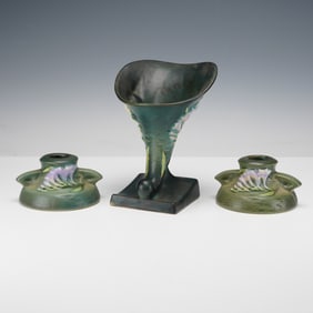 3pc Roseville Pottery Candleholders and Cornucopia Vase, Freesia