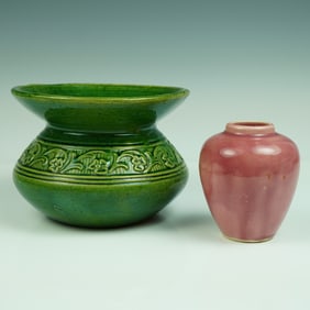 2pc Art Pottery Vessels Green Relief-Decorated Bowl & Small Rose-Pink Vase