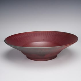 Red Oxidized Art Pottery Centerpiece Bowl, Signed E.B.S.