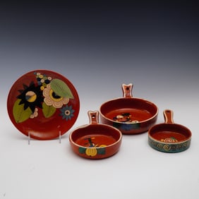 Set of 4 Mexican Redware Pottery Hand Painted Dishes