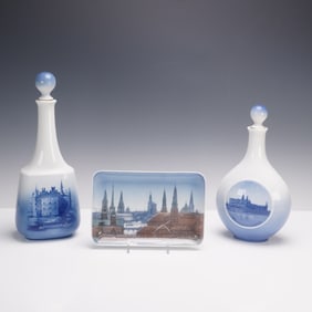 3pc Royal Copenhagen Porcelain Decanters with Stoppers and B&G Tray