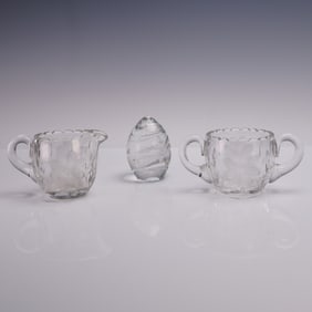 3pc Cut Glass Creamer and Sugar Set with Sullivans Egg Paperweight