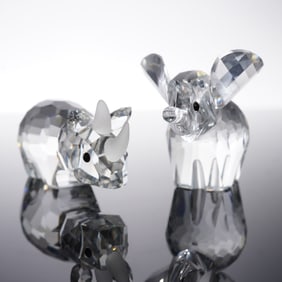 2pc Swarovski Crystal Elephant and Rhinoceros Figurines