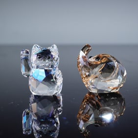 2pc Swarovski Crystal Figurines, Lucky Cat and Elephant