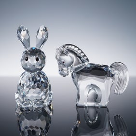 2pc Swarovski Crystal Figurines, Mother Rabbit and Zodiac Horse