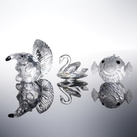3pc Swarovski Crystal Figurines, Anteater, Swan Mini and Blowfish Mini