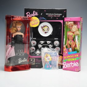 4pc Mattel Barbie Dolls, Figurine, and Miniature Tea Set
