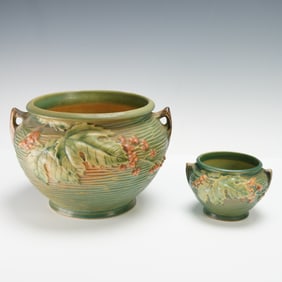 2pc Roseville Pottery Jardinieres, Bushberry Green