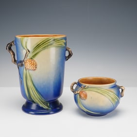 2pc Roseville Pottery Blue Vases, Pinecone