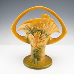 Roseville Pottery Peony Basket, Sienna Brown