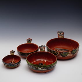 Set of 4 Mexican Redware Pottery Hand Painted Bowls