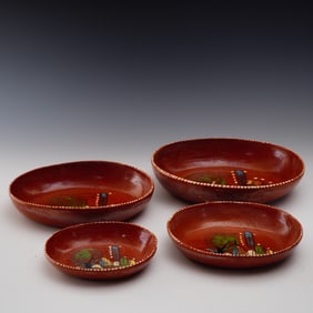 Set of 4 Mexican Redware Pottery Hand Painted Dishes