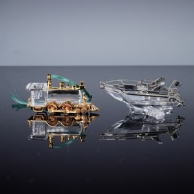 2pc Swarovski Crystal Memories Figurines, Locomotive and Power Boat
