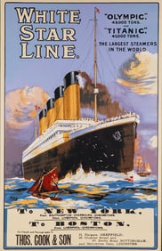 White Star Line Titanic and Olympic Promotional Lithograph Poster on Board