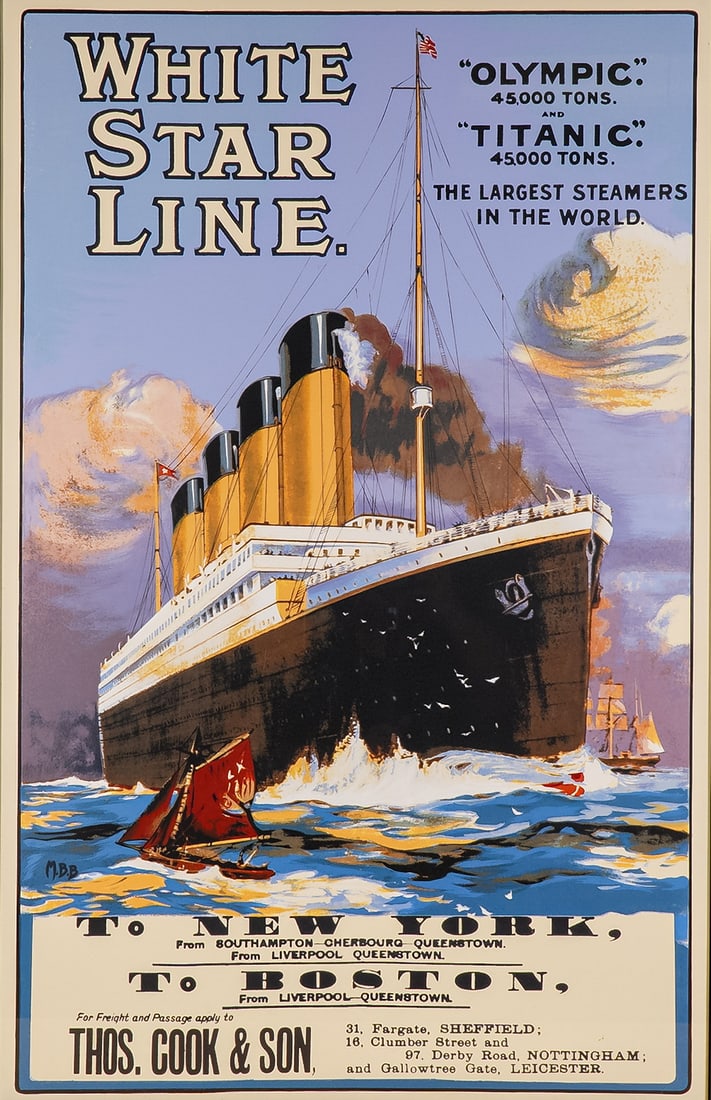 White Star Line Titanic and Olympic Promotional Lithograph Poster on Board