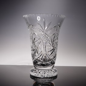 Tall Pedestal Cut Crystal Vase with Brilliant Starburst Design