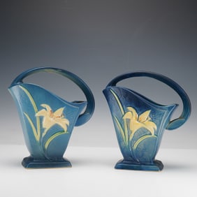 Pair of Roseville Pottery Blue Baskets, Zephyr Lily