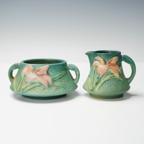 2pc Roseville Pottery Creamer and Sugar Bowl, Zephyr Lily