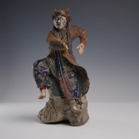 Chinese Tang Style Painted Warrior Figurine in Fitted Box