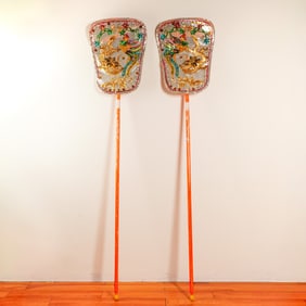 Pair of Chinese Embroidered Festival Shields with Dragon and Phoenix