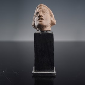 Ancient Egyptian Terracotta Actor Masked Head Figure with Base