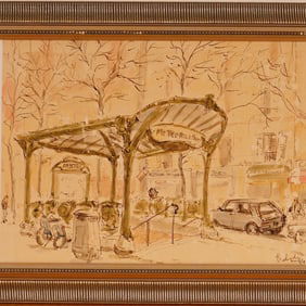 Parisian Watercolor and Ink on Paper Painting, Abbesses Metro, Signed