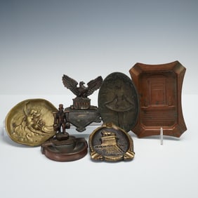 6pc Mixed Metal Art Nouveau and Figural Relief Ashtrays and Tray