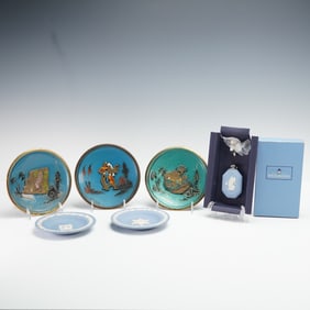6pc Wedgwood and Israeli Enameled Metal Dish and Flora Perfume Bottle Set