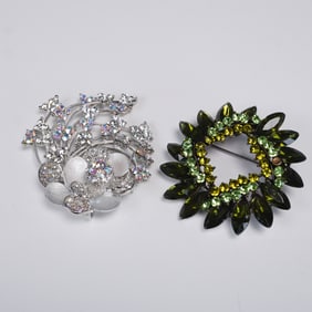 Pair of Rhinestone Brooches Green Wreath & Aurora Borealis Blossom Spray