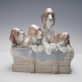 Lladro Porcelain Figurine, Pup's in the Box 1001121