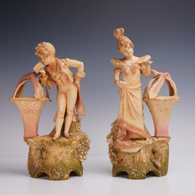2pc Wien Teplitz Depose Bisque Figurines, Victorian Boy & Girl with Baskets