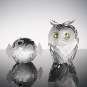 2pc Swarovski Crystal  Owl and Fish Figurines