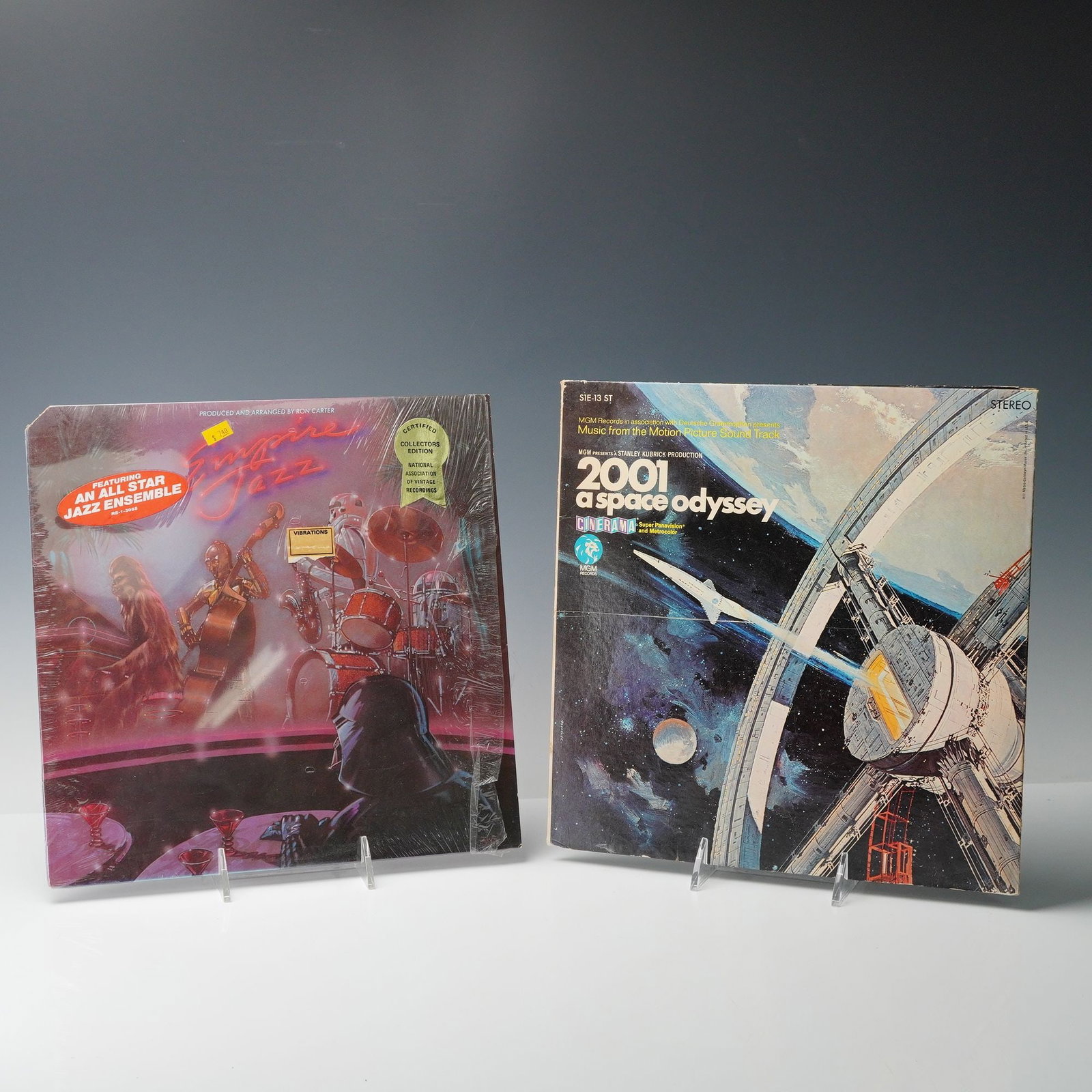 2pc Empire Jazz and 2001: A Space Odyssey Soundtrack Vinyls: Pair of vinyl soundtracks including Empire Jazz, featuring an all-star jazz ensemble performing themes from Star Wars: The Empire Strikes Back, and 2001: A Space Odyssey, original motion picture sound