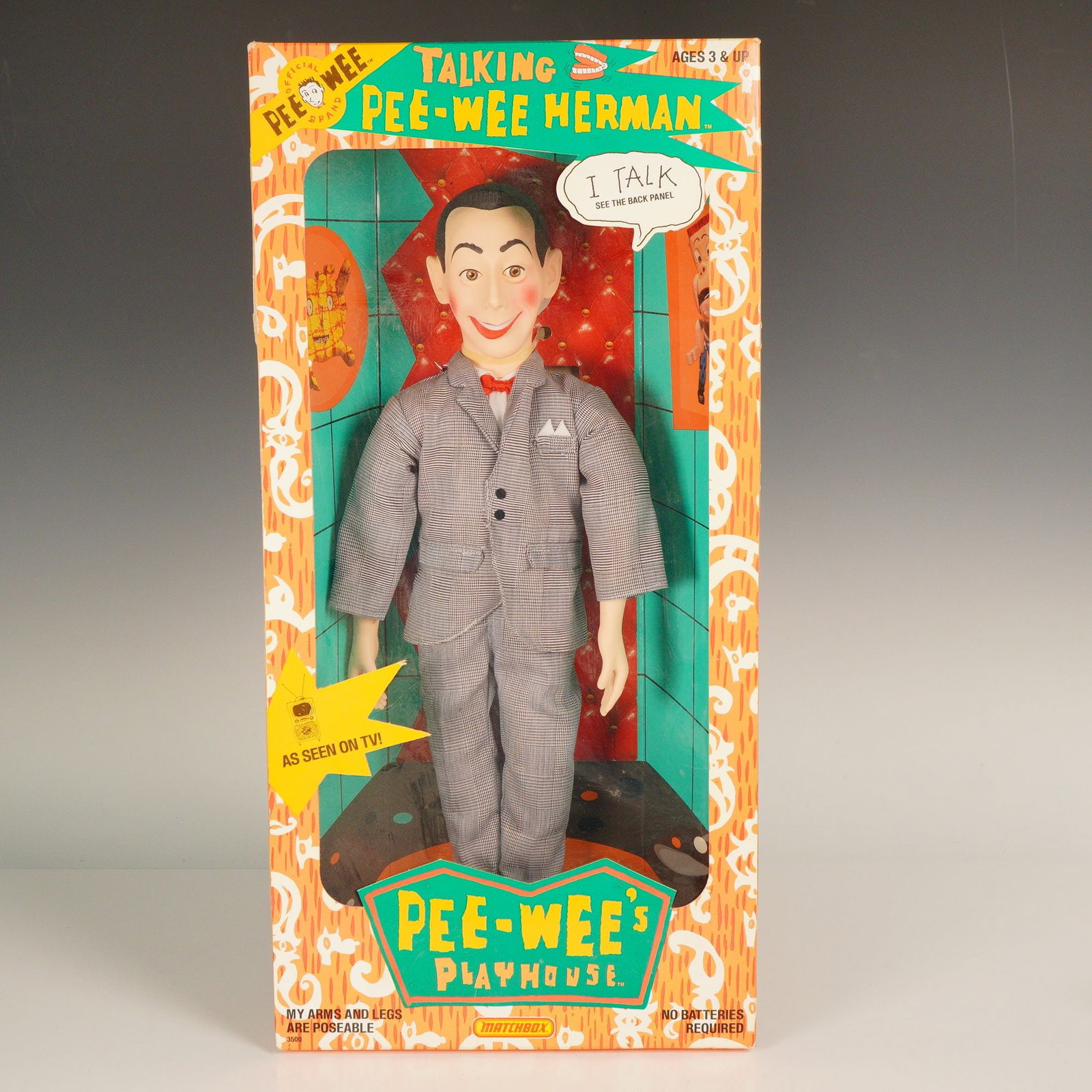 Matchbox Talking Pee-Wee Herman, Pee-Wee's Playhouse: Doll based on the character from the Emmy Award-winning TV series Pee-Wee's Playhouse. The figure features a pull-string voice box (no batteries required) and is dressed in Pee-Wee's signature gray su