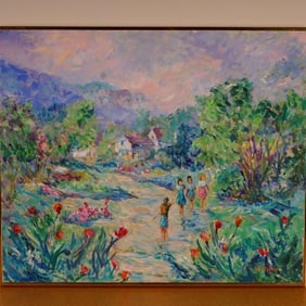 R O'Neil, Impressionist Oil on Canvas, Landscape w/ Figures, Signed