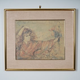 Edna Hibel, Lithograph on Paper, Woman in Rose with Flowers, Signed