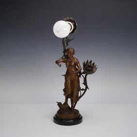 Figural Bronze-Tone Table Lamp with Floral Sockets on Marble Base
