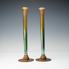 Pair of Louis Comfort Tiffany Favrile Bud Vases w/ Gilt Bronze Footed Bases