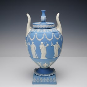 Wedgwood Jasperware Light Blue Vase and Cover, Apollo and The Nine Muses