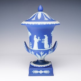 Wedgwood Dark Blue Jasperware Campagna Lidded Vase