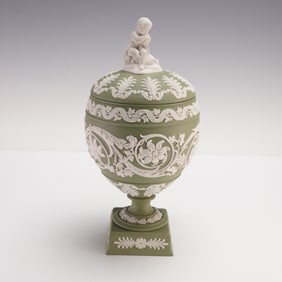Wedgwood Sage Green Jasperware Compote with Seated Boy Finial