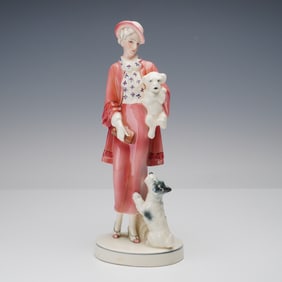 Hertwig & Co. Porcelain Figurine, Lady with 2 Dogs