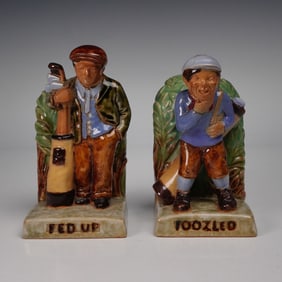 Pair of Doulton Lambeth Stoneware Bookends, Fed Up and Foozled Golfers
