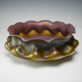Louis Comfort Tiffany Favrile Iridescent Glass Bowl w/ Etched Signature